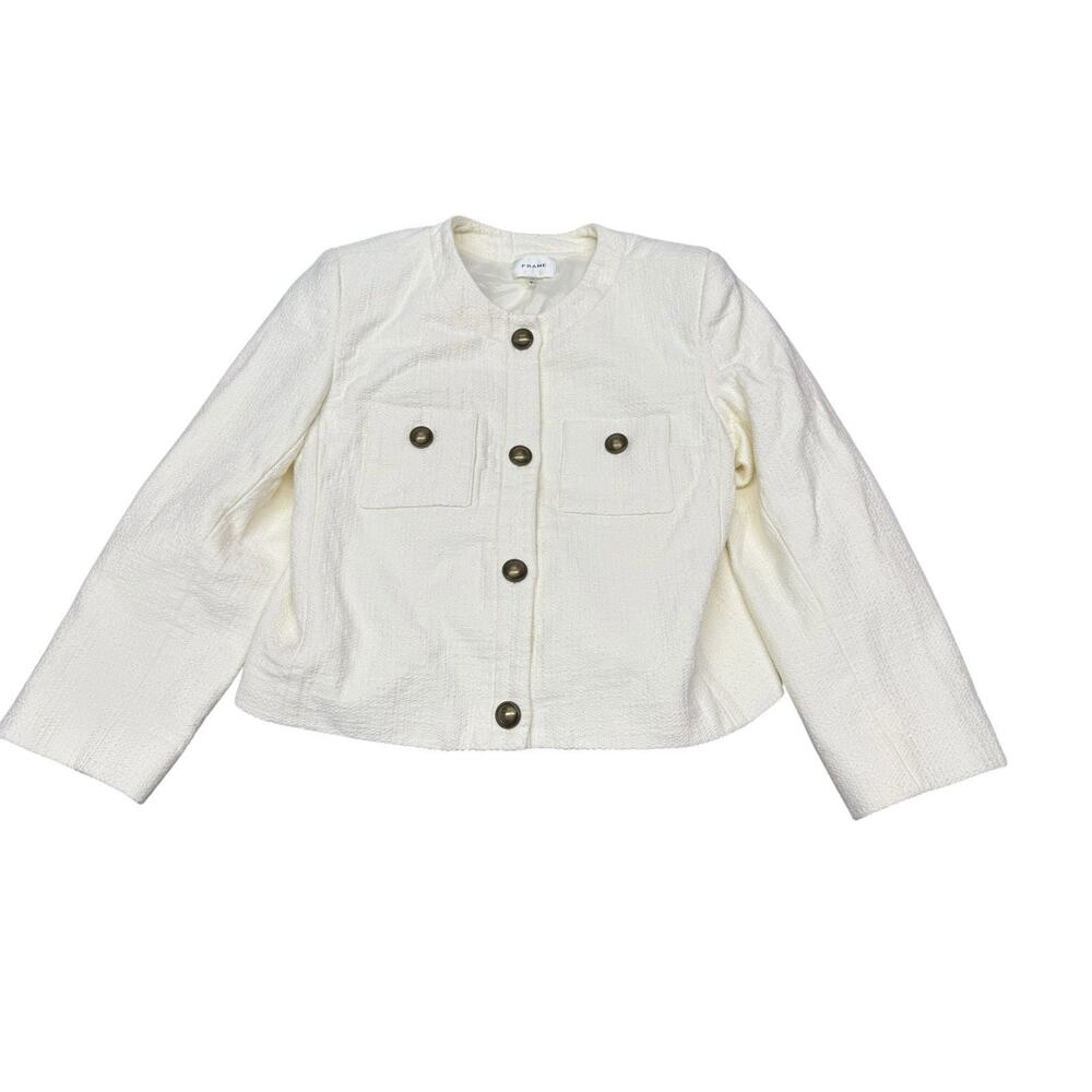 FRAME Cream Cotton Collarless Button Front Jacket Women’s Large - Picture 4 of 11
